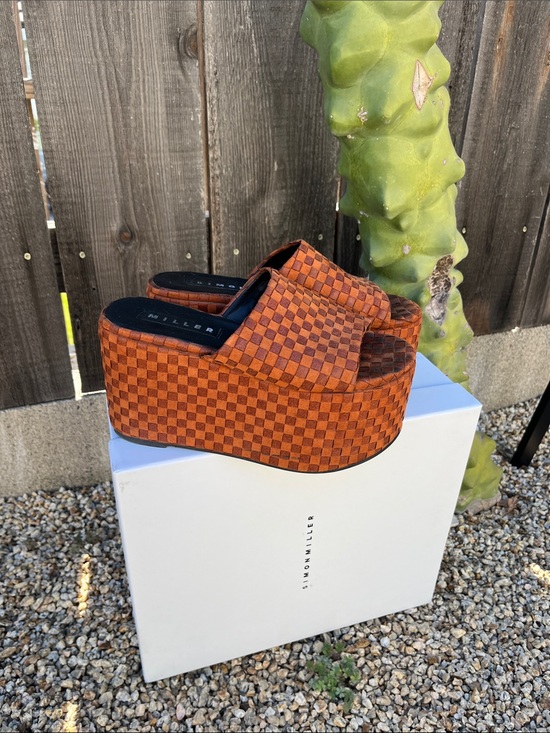 Simon Miller Shoes - SIMON MILLER Blackout Platform Slide Sandals in Burnt Orange Checker for Women